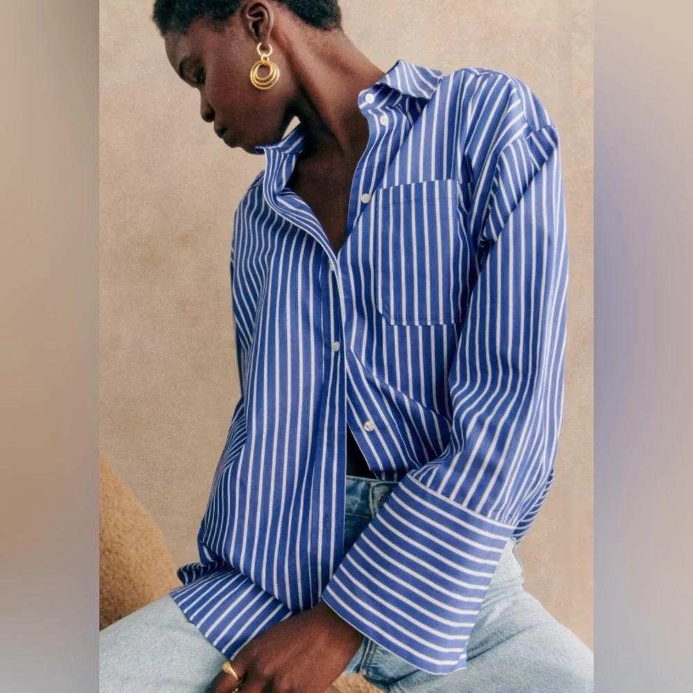 Like New Sézane Bilma Shirt in Blue White Stripes Size 38/6 - Picture 1 of 7